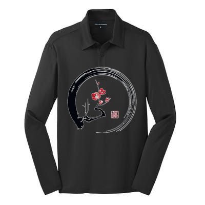 Cherry Blossom Japanese Ink Painting Silk Touch Performance Long Sleeve Polo