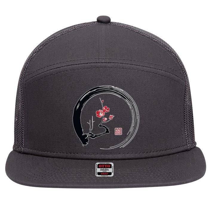 Cherry Blossom Japanese Ink Painting 7 Panel Mesh Trucker Snapback Hat