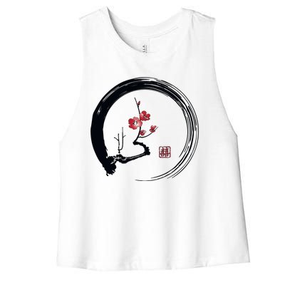 Cherry Blossom Japanese Ink Painting Women's Racerback Cropped Tank