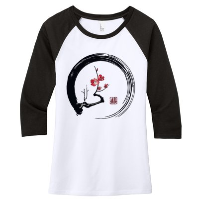 Cherry Blossom Japanese Ink Painting Women's Tri-Blend 3/4-Sleeve Raglan Shirt