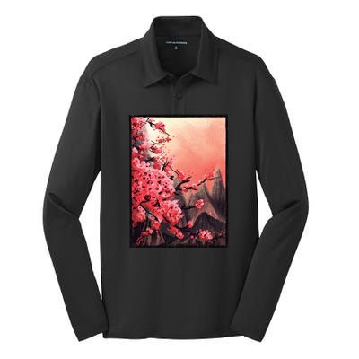 Cherry Blossom Painting Silk Touch Performance Long Sleeve Polo