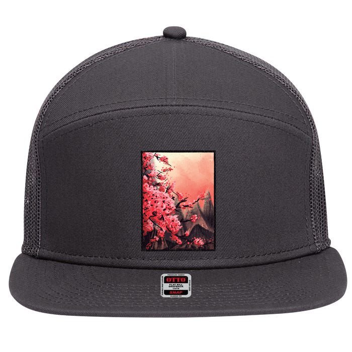 Cherry Blossom Painting 7 Panel Mesh Trucker Snapback Hat