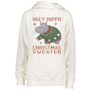 Christmas Hippopotamus Funny Snowflake And Reindeer Design Gift Womens Funnel Neck Pullover Hood