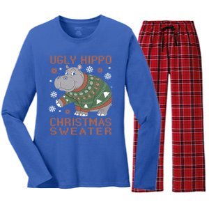 Christmas Hippopotamus Funny Snowflake And Reindeer Design Gift Women's Long Sleeve Flannel Pajama Set 