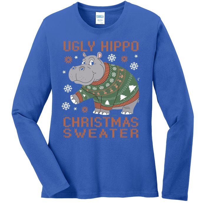 Christmas Hippopotamus Funny Snowflake And Reindeer Design Gift Ladies Long Sleeve Shirt