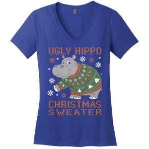 Christmas Hippopotamus Funny Snowflake And Reindeer Design Gift Women's V-Neck T-Shirt