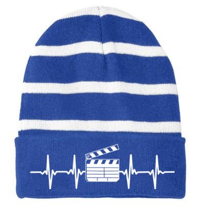 Clapperboard Heartbeat Funny Ekg Filmmaker Film Lover Gift Striped Beanie with Solid Band