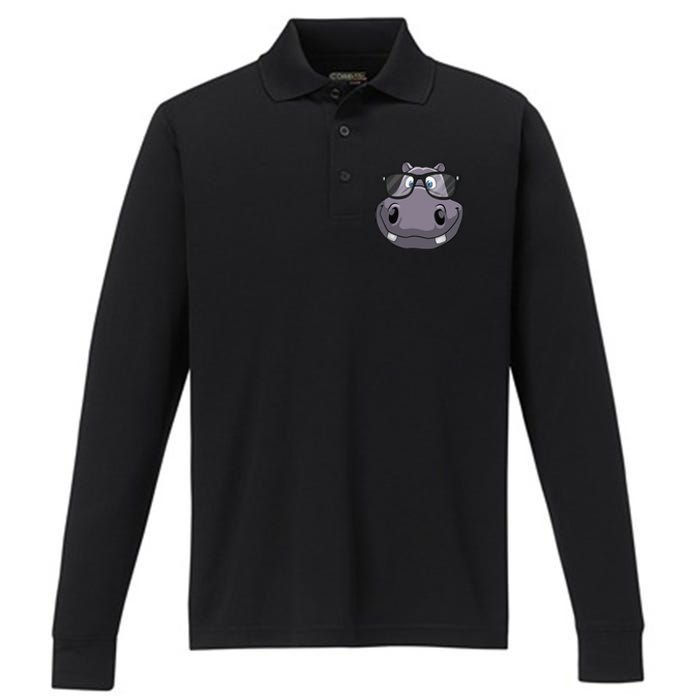 Cool Hippo For Reading Hippopotamus Zoo Performance Long Sleeve Polo