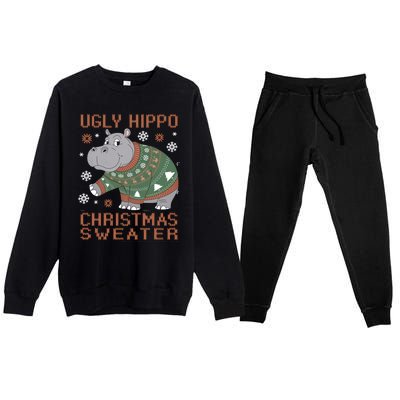 Christmas Hippopotamus Funny Snowflake And Reindeer Design Gift Premium Crewneck Sweatsuit Set