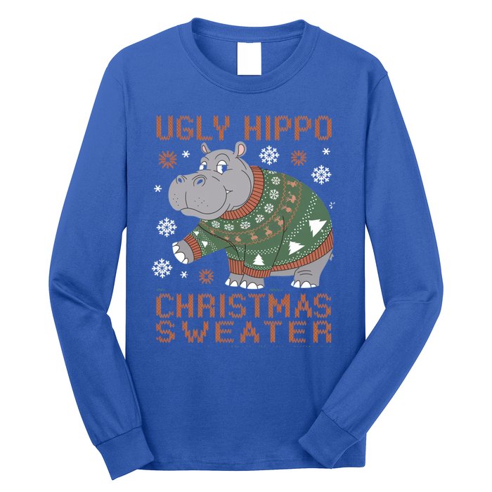 Christmas Hippopotamus Funny Snowflake And Reindeer Design Gift Long Sleeve Shirt