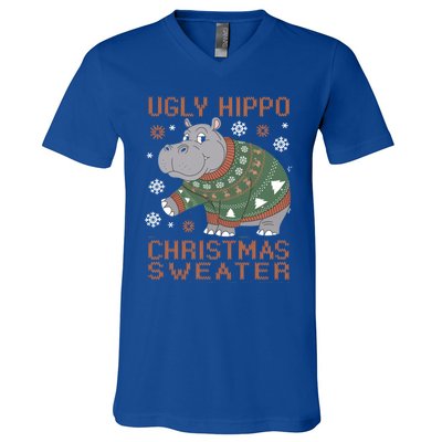 Christmas Hippopotamus Funny Snowflake And Reindeer Design Gift V-Neck T-Shirt