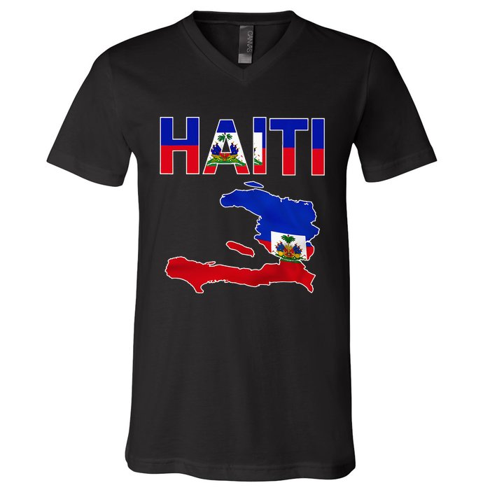 Cool Haiti Flag Map Haitian Pride V-Neck T-Shirt