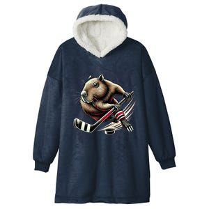 Capybara Hockey Funny Ice Hockey Player Gift Hooded Wearable Blanket