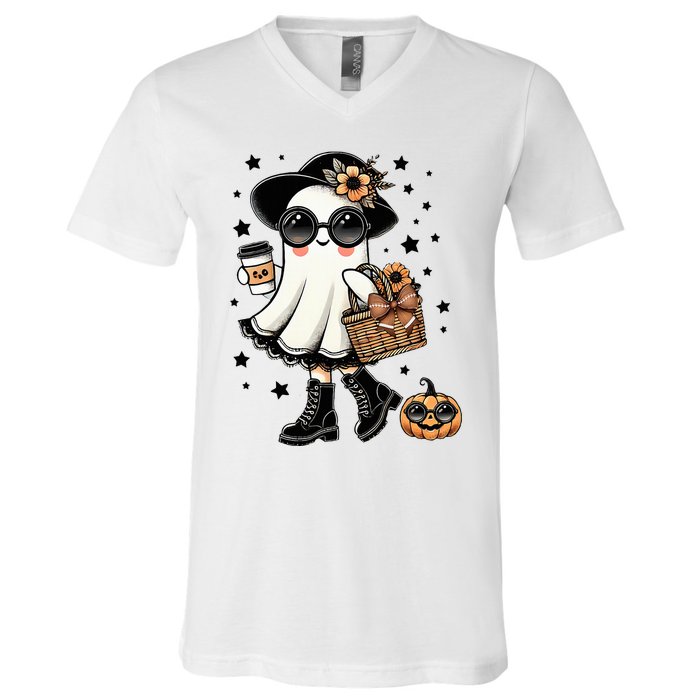 Cute Halloween For Women Halloween Ghost Coffee V-Neck T-Shirt