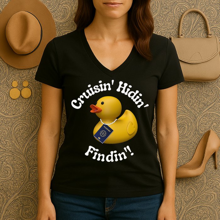 Cruising Hiding Finding Rubber Ducks Passport Hunt Hide Find Women's V-Neck T-Shirt