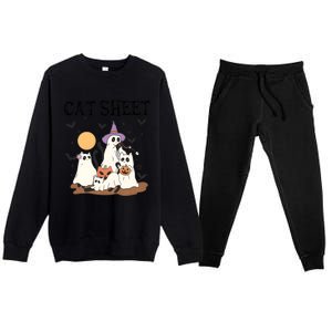 Cat Halloween Funny Ghost Cat Premium Crewneck Sweatsuit Set