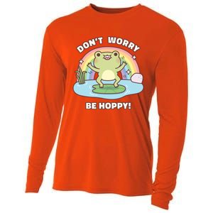 Cute Happy Frog Dont Worry Be Hoppy Funny Pun Quote Cooling Performance Long Sleeve Crew