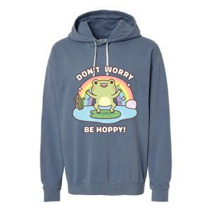 Cute Happy Frog Dont Worry Be Hoppy Funny Pun Quote Garment-Dyed Fleece Hoodie