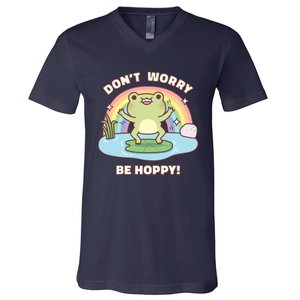 Cute Happy Frog Dont Worry Be Hoppy Funny Pun Quote V-Neck T-Shirt