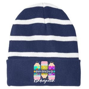 Cute Happy First Day Of Kindergarten Striped Beanie with Solid Band