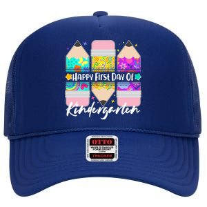 Cute Happy First Day Of Kindergarten High Crown Mesh Back Trucker Hat