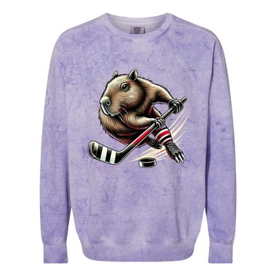 Capybara Hockey Funny Ice Hockey Player Gift Colorblast Crewneck Sweatshirt