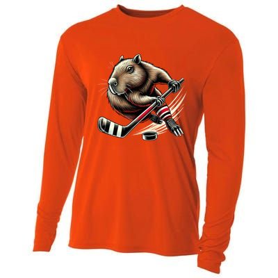 Capybara Hockey Funny Ice Hockey Player Gift Cooling Performance Long Sleeve Crew