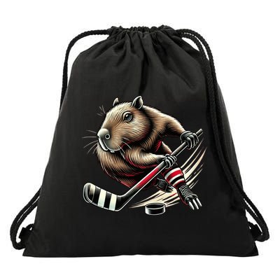 Capybara Hockey Funny Ice Hockey Player Gift Drawstring Bag