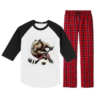 Capybara Hockey Funny Ice Hockey Player Gift Raglan Sleeve Pajama Set