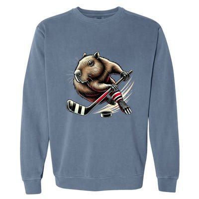 Capybara Hockey Funny Ice Hockey Player Gift Garment-Dyed Sweatshirt