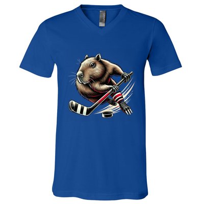 Capybara Hockey Funny Ice Hockey Player Gift V-Neck T-Shirt