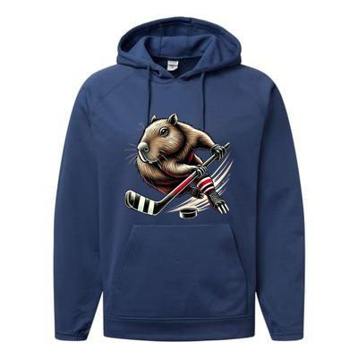 Capybara Hockey Funny Ice Hockey Player Gift Performance Fleece Hoodie