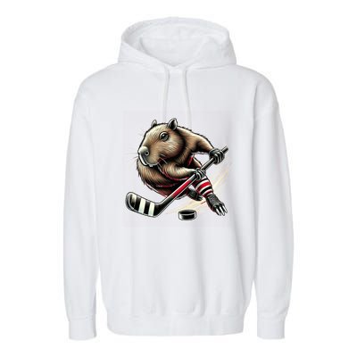 Capybara Hockey Funny Ice Hockey Player Gift Garment-Dyed Fleece Hoodie