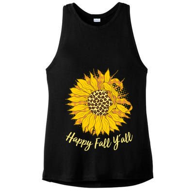 Cute Happy Fall Y'all Leopard Pattern Sunflower Ladies PosiCharge Tri-Blend Wicking Tank