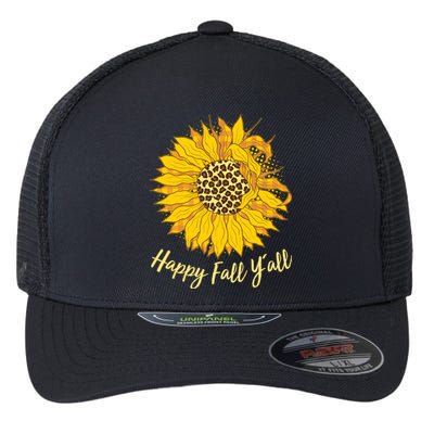 Cute Happy Fall Y'all Leopard Pattern Sunflower Flexfit Unipanel Trucker Cap