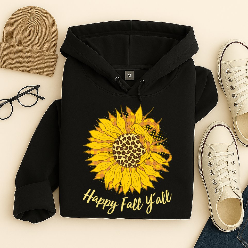 Cute Happy Fall Y'all Leopard Pattern Sunflower Hoodie