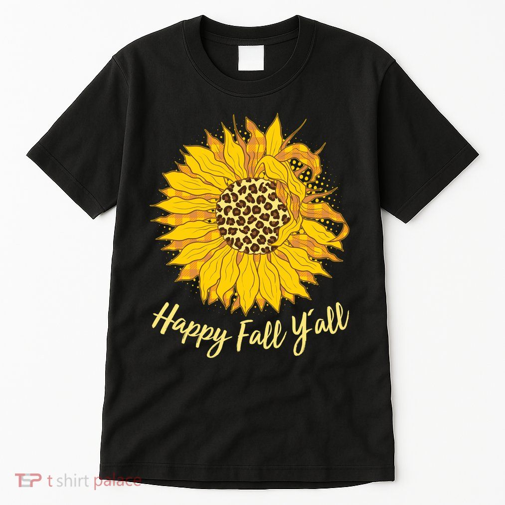 Cute Happy Fall Y'all Leopard Pattern Sunflower Tall T-Shirt