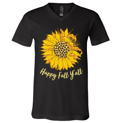 Cute Happy Fall Y'all Leopard Pattern Sunflower V-Neck T-Shirt