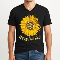 Cute Happy Fall Y'all Leopard Pattern Sunflower V-Neck T-Shirt
