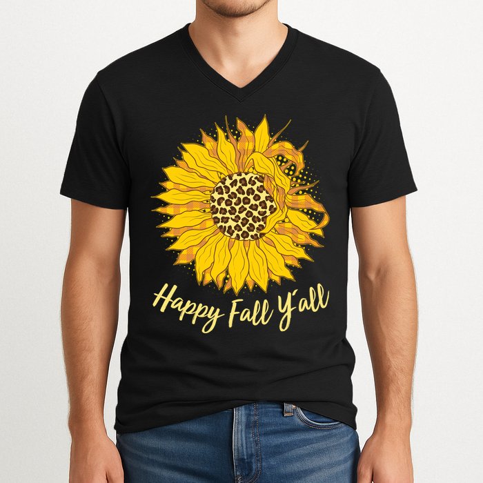 Cute Happy Fall Y'all Leopard Pattern Sunflower V-Neck T-Shirt