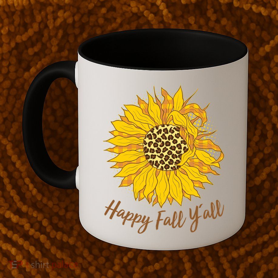 Cute Happy Fall Y'all Leopard Pattern Sunflower Mug