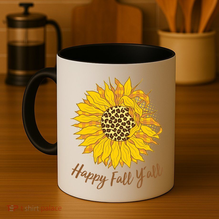 Cute Happy Fall Y'all Leopard Pattern Sunflower Mug