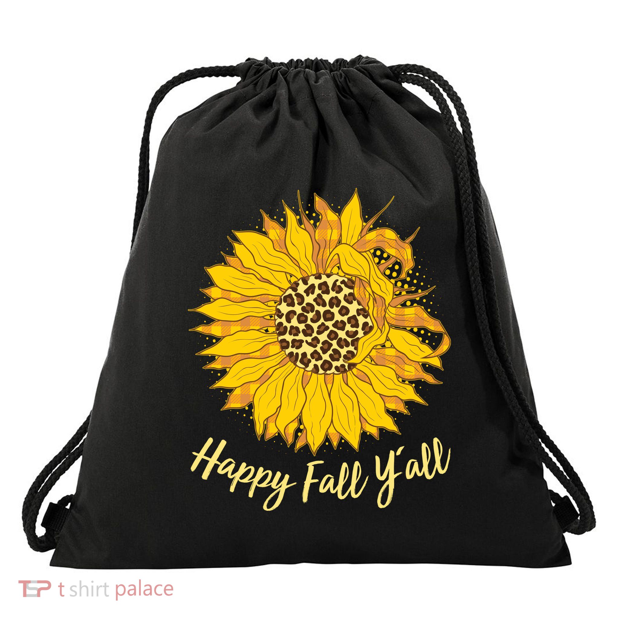 Cute Happy Fall Y'all Leopard Pattern Sunflower Drawstring Bag