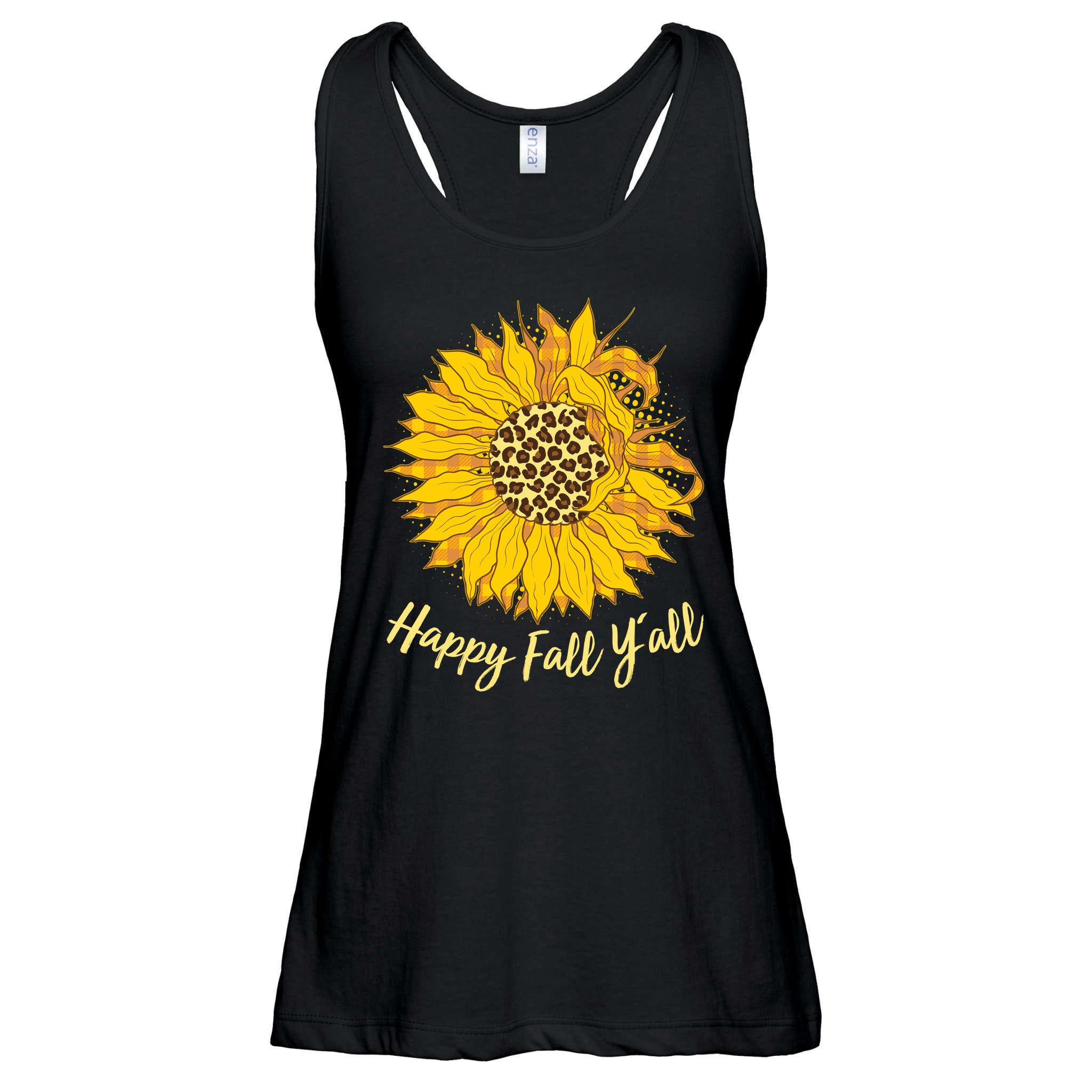Cute Happy Fall Y'all Leopard Pattern Sunflower Ladies Essential Flowy Tank