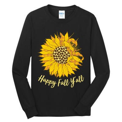 Cute Happy Fall Y'all Leopard Pattern Sunflower Tall Long Sleeve T-Shirt