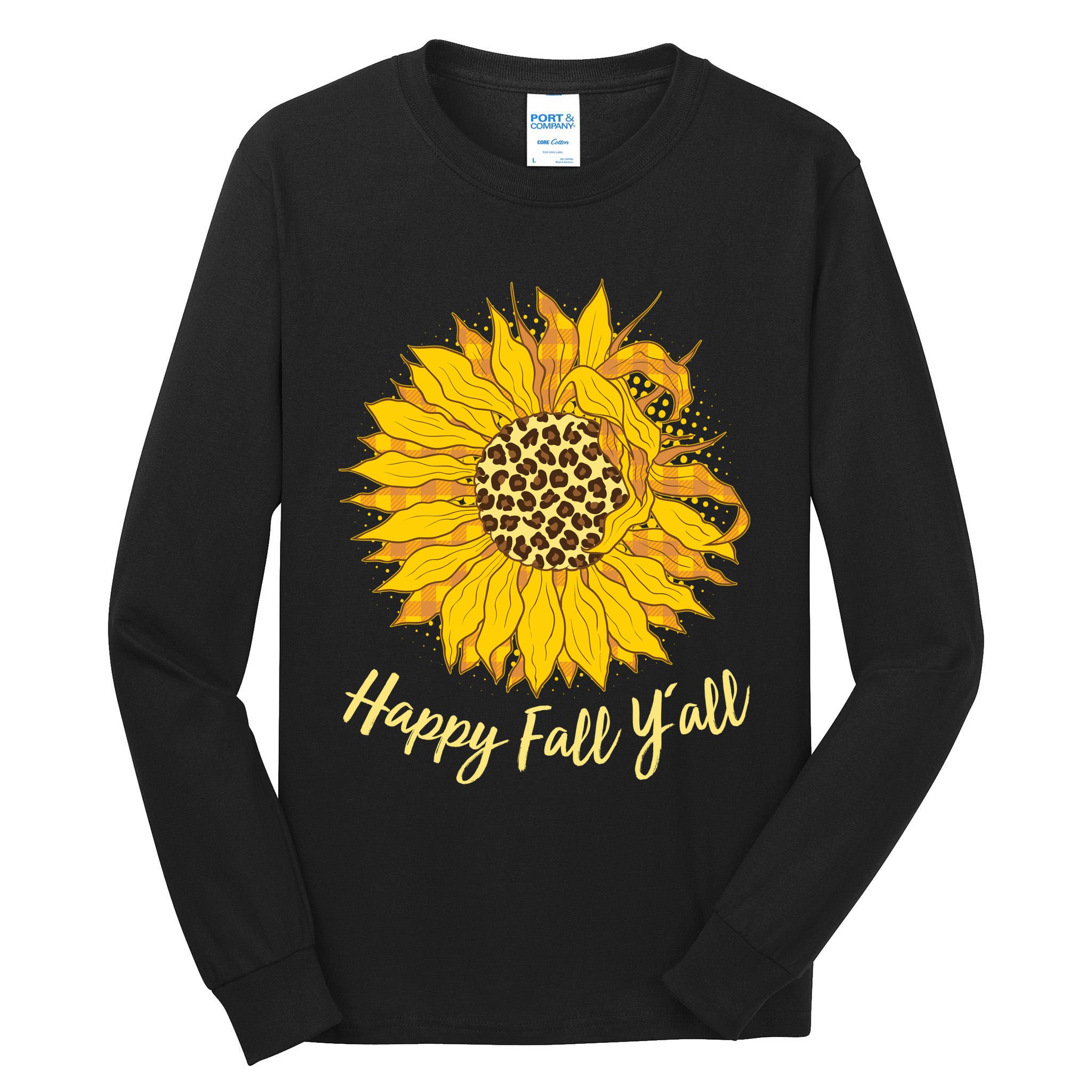 Cute Happy Fall Y'all Leopard Pattern Sunflower Tall Long Sleeve T-Shirt