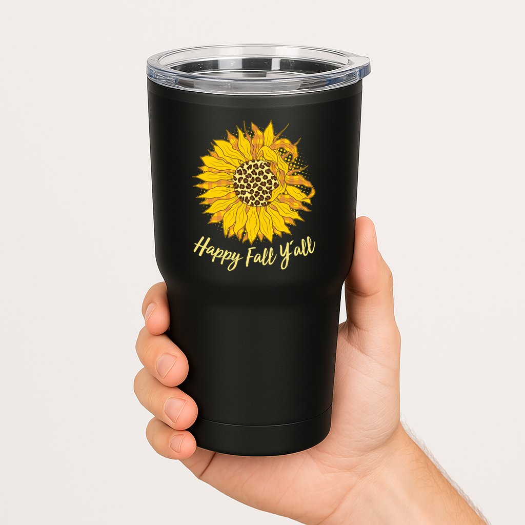 Cute Happy Fall Y'all Leopard Pattern Sunflower Tumbler
