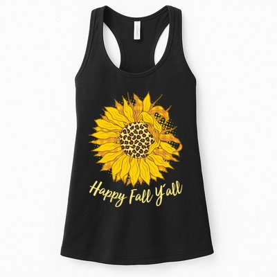 Cute Happy Fall Y'all Leopard Pattern Sunflower Womens Tank Top
