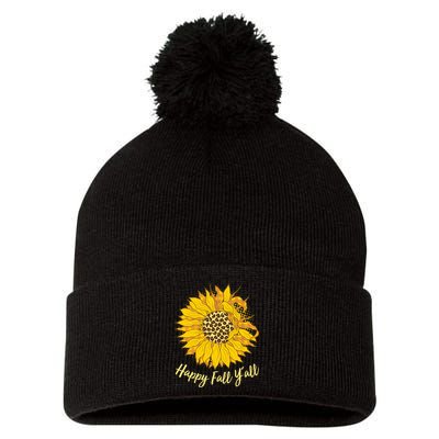 Cute Happy Fall Y'all Leopard Pattern Sunflower Pom Pom 12in Knit Beanie