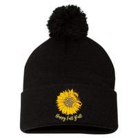 Cute Happy Fall Y'all Leopard Pattern Sunflower Pom Pom 12in Knit Beanie